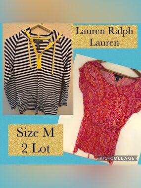 2 Lot Lauren Ralph Lauren - Womens Striped Hooded Top & Paisley Tee - Size M